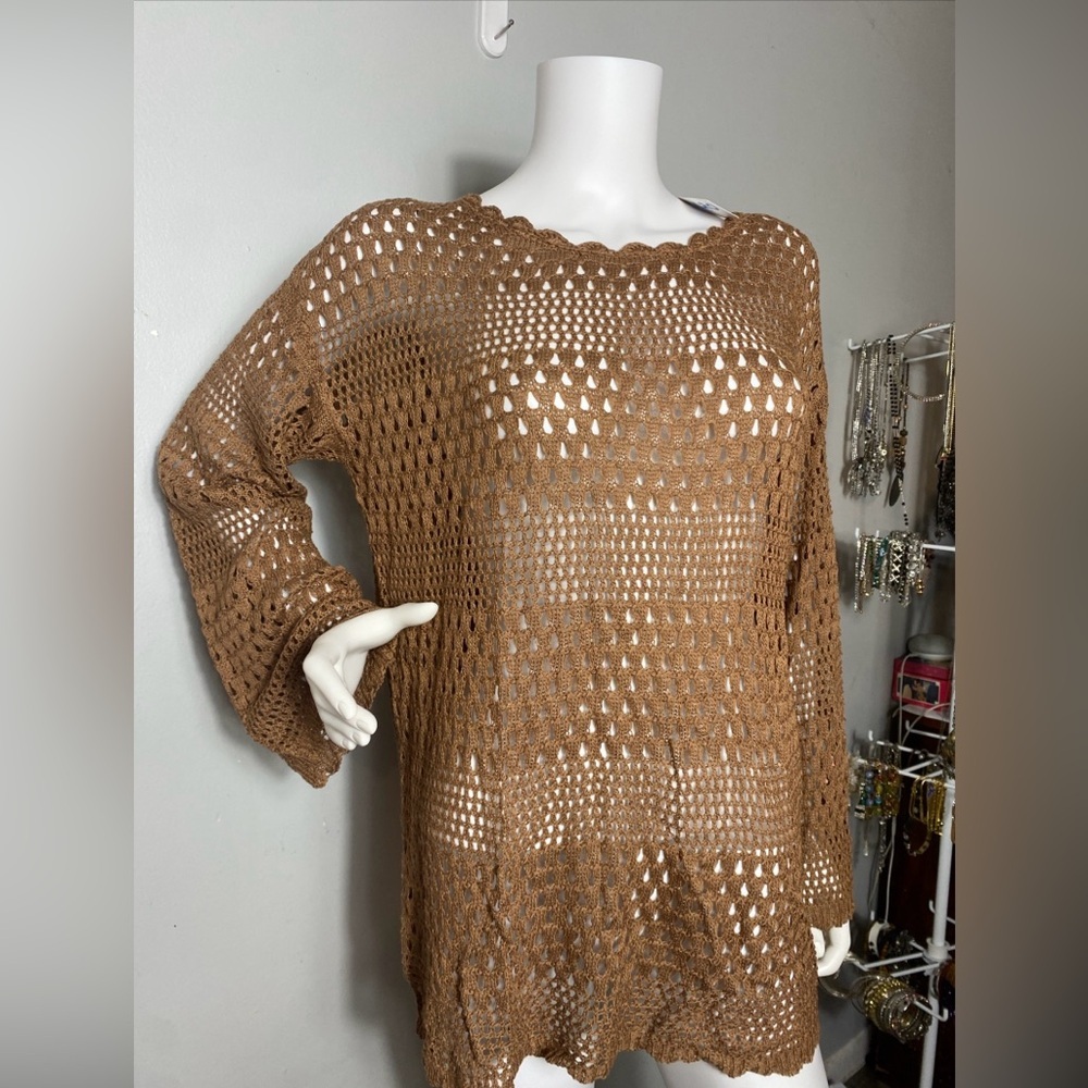 Aolro Open Knit Crochet Long Sleeve Top Size M